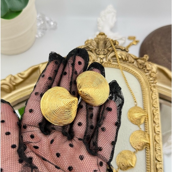 Gold Textured Seashell Statement Earrings – PVD Plated Stainless Steel - Picture 8 of 14